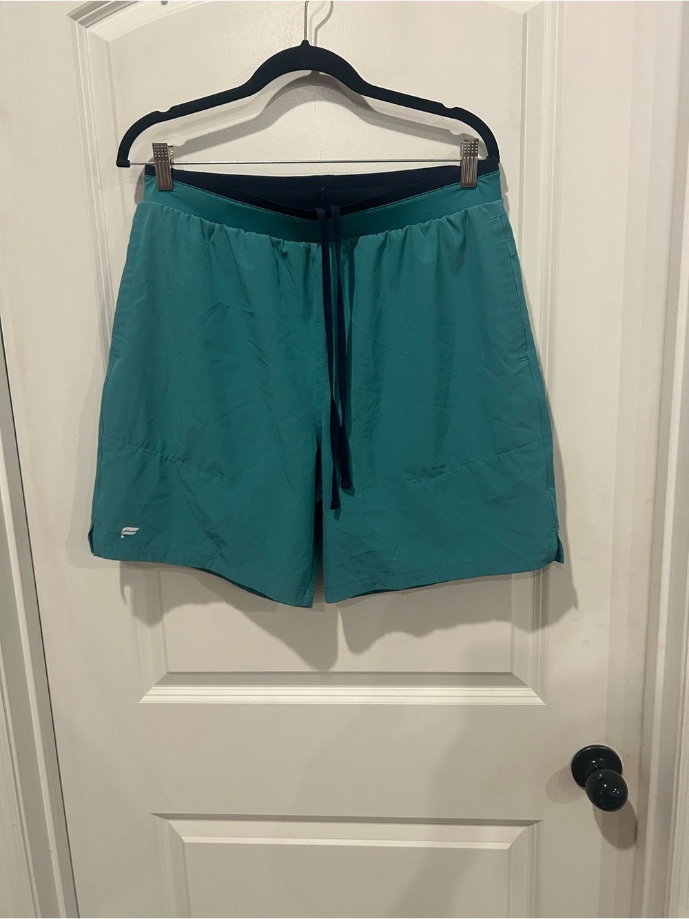 Fabletics Teal Drawstring Athletic Shorts with Navy Waistband
